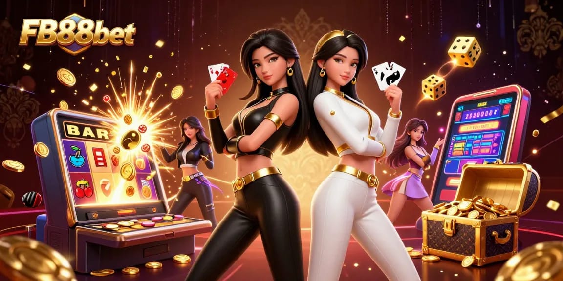 Experience thrilling wins with FB88bet in this vibrant casino scene featuring dynamic characters and action.
