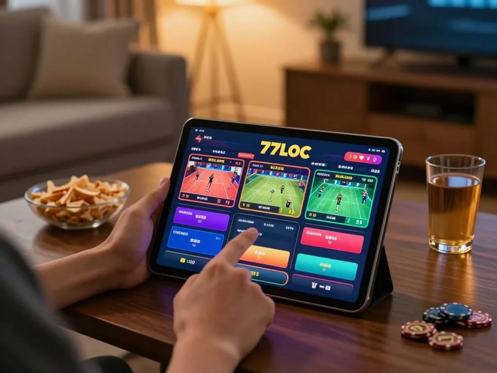 Experience the excitement of online betting at 77LOC in a cozy home setting, with a tablet showing vibrant sports betting.