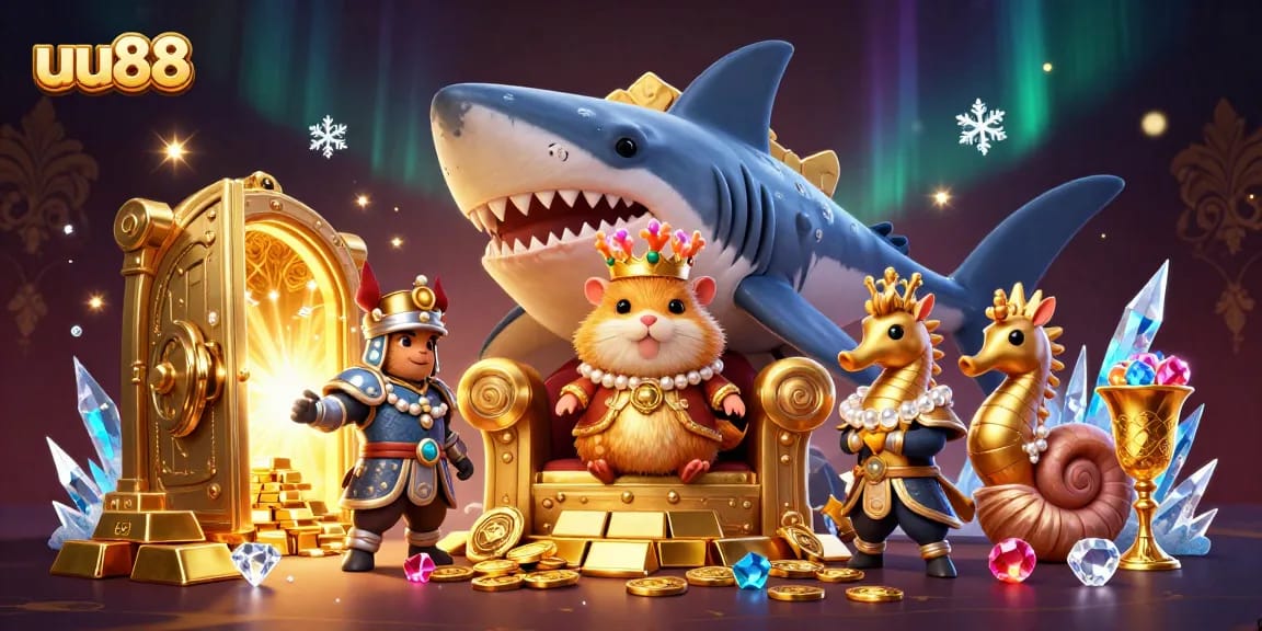 uu88 offers a thrilling online gaming experience with vibrant scenes featuring treasure and a hamster king.