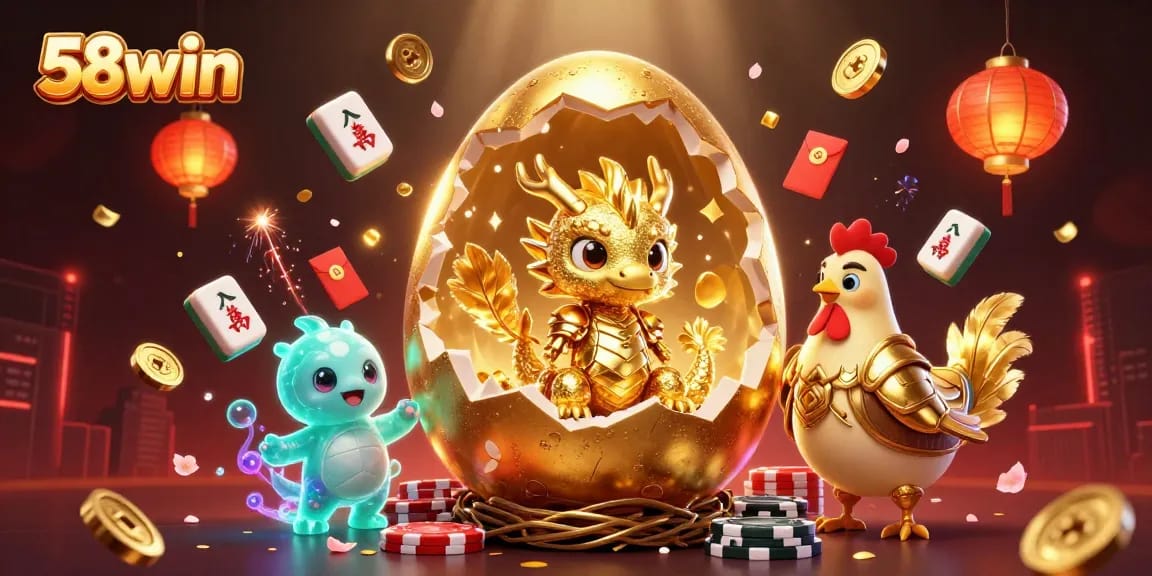 Experience luck at 58win with a golden dragon atop poker chips in a vibrant casino scene.
