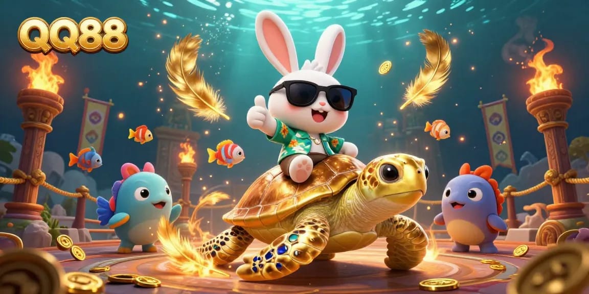 Experience thrilling gameplay with QQ88's cartoon lucky rabbit and golden sea turtle in a vibrant casino scene.