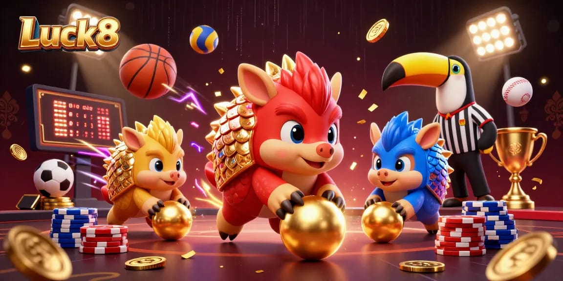 Luck8 pangolins bowling through poker chips, vibrant casino scene with sports elements.