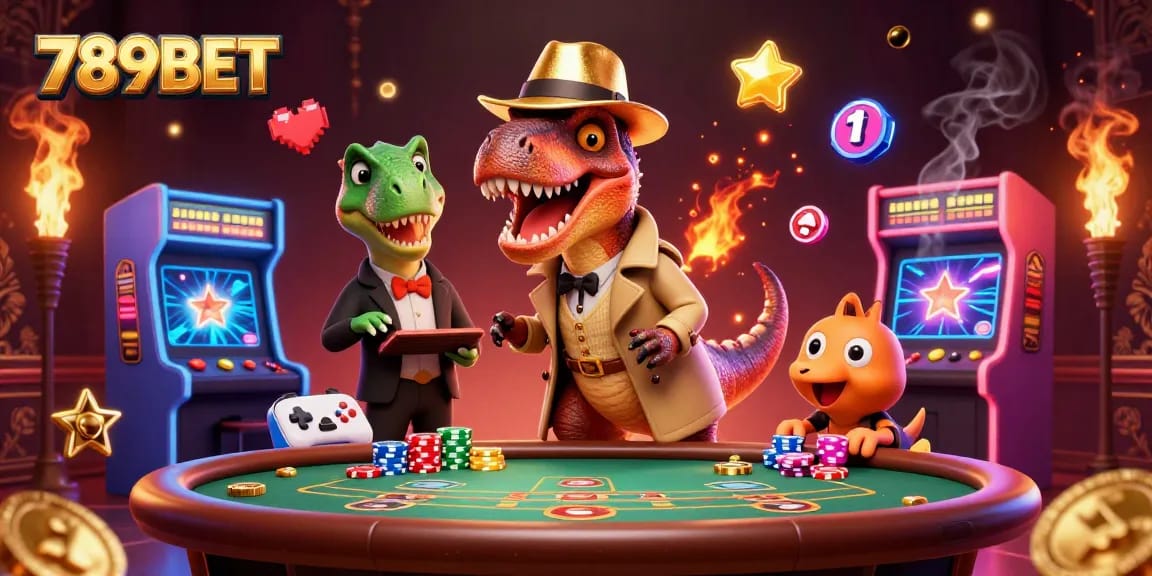 Engage with 789BET's vibrant casino scene featuring a clever velociraptor counter at play.