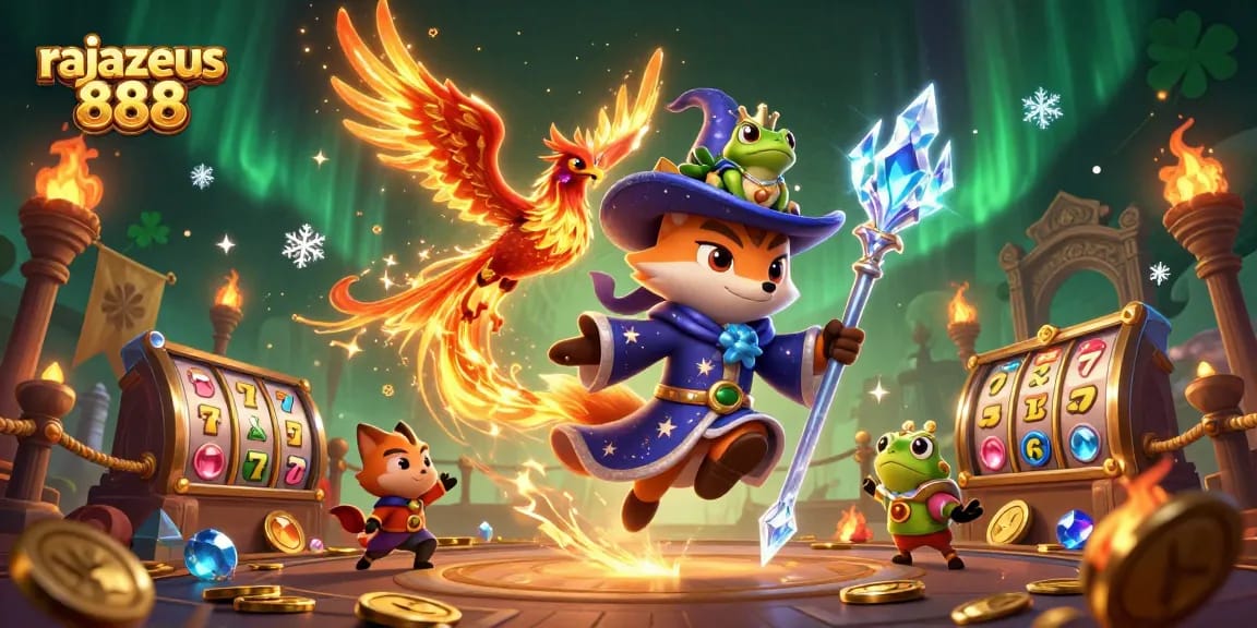 Spin for jackpots at rajazeus 888, showcasing a mystical fox and phoenix in a vibrant casino scene.