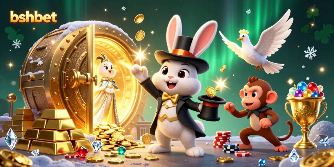 Experience the excitement of bshbet with a magical 3D scene featuring a magician rabbit, dove, and monkey amidst gold and jewels.