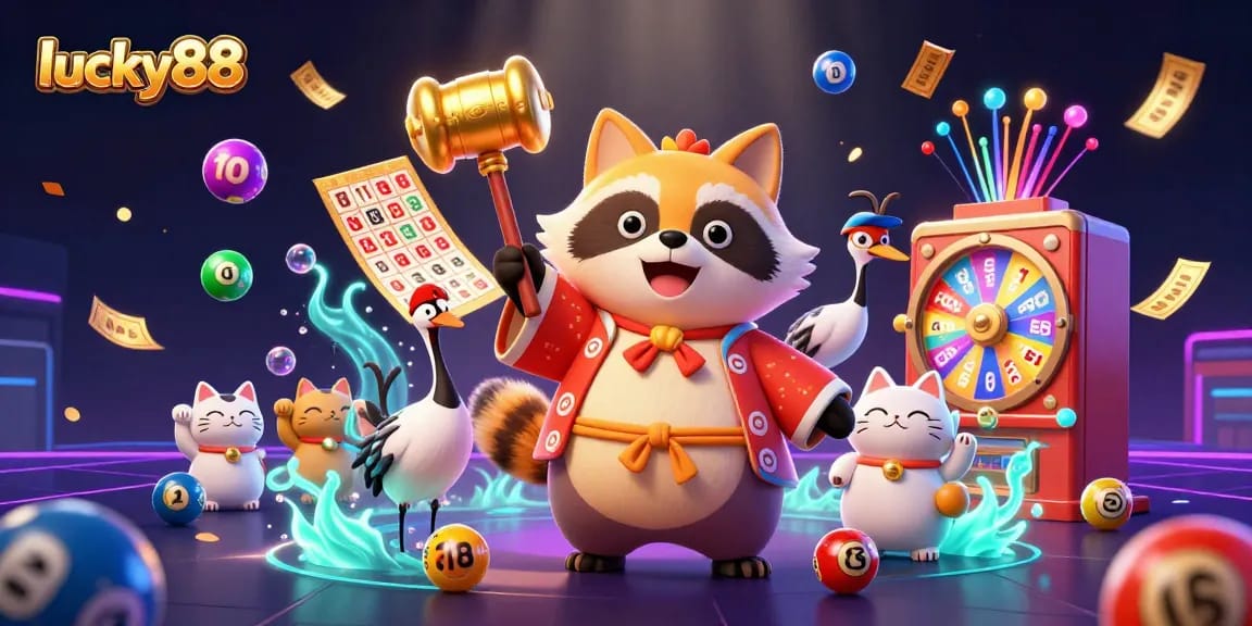 Spin to win big with lucky88 as the cheerful tanuki holds a lucky mallet in a vibrant casino scene.