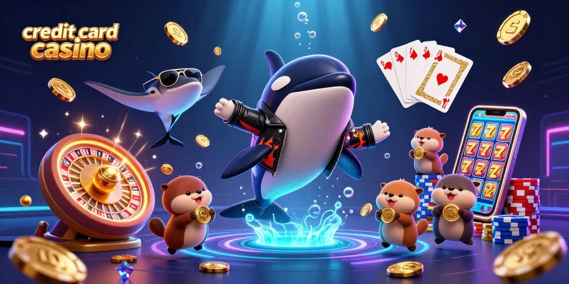 Engage with a vibrant credit card casino scene featuring whales, stingrays, and otters amidst casino elements.