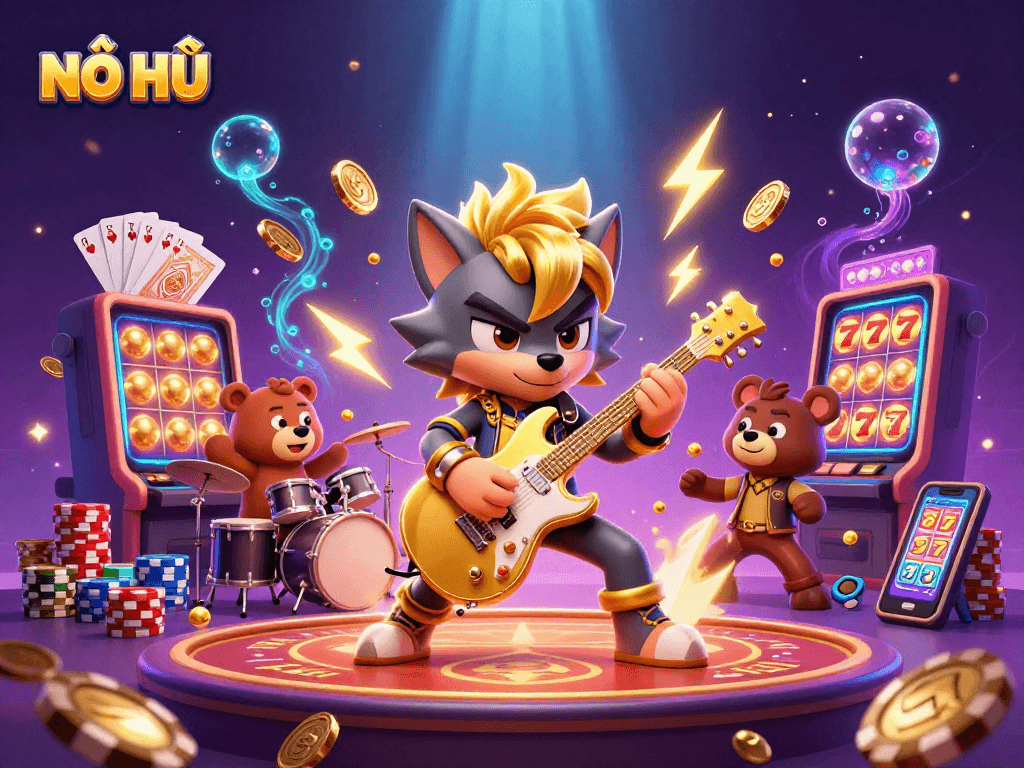 NỔ HŨ slots action with a cartoon rock star wolf and drummer bear on stage, surrounded by golden coins.