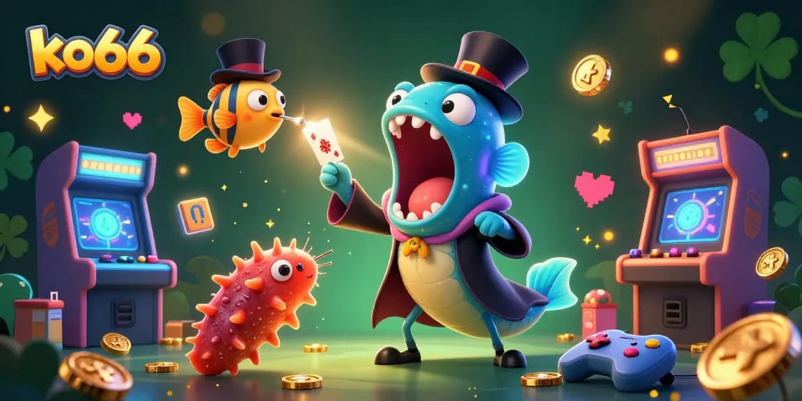 Experience the magic with ko66, where a bioluminescent eel performs card tricks in a vibrant casino scene.