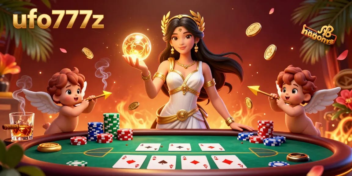 Experience winning moments at ufo777z with a radiant Grecian goddess and lively casino elements.
