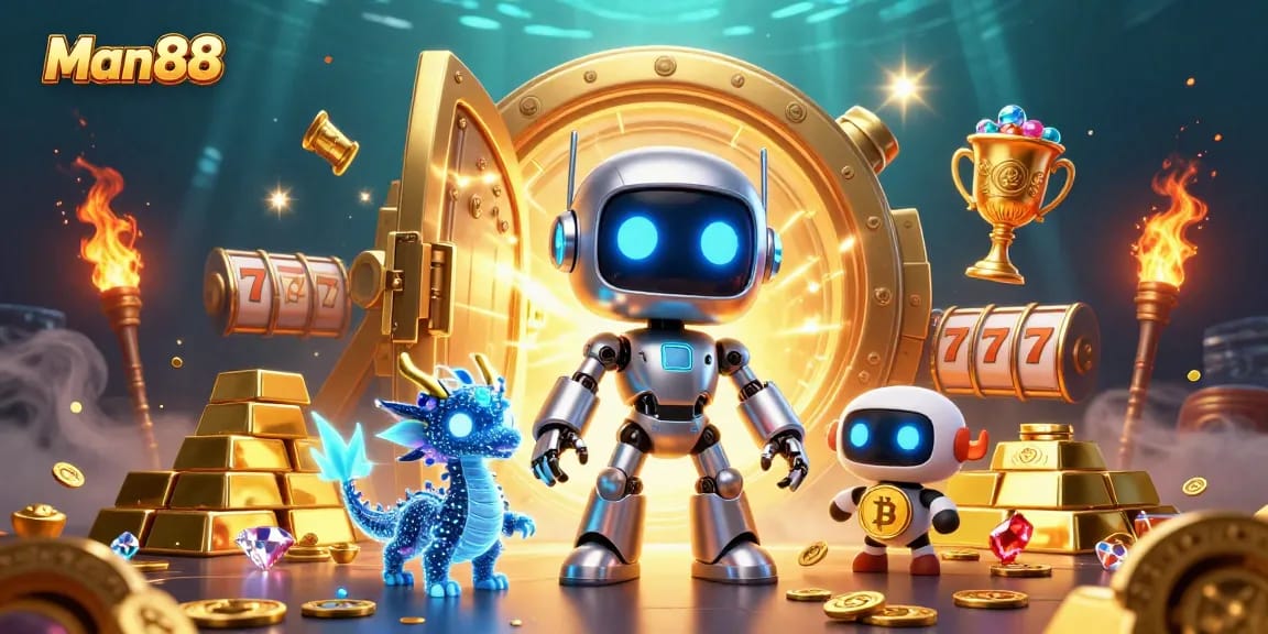 Experience the excitement of Man88 with a vibrant 3D casino scene packed with action and treasure.