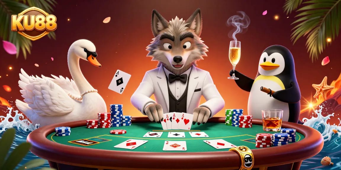 KU88 and friends enjoy an animated casino night at a baccarat table with fun gambling elements.