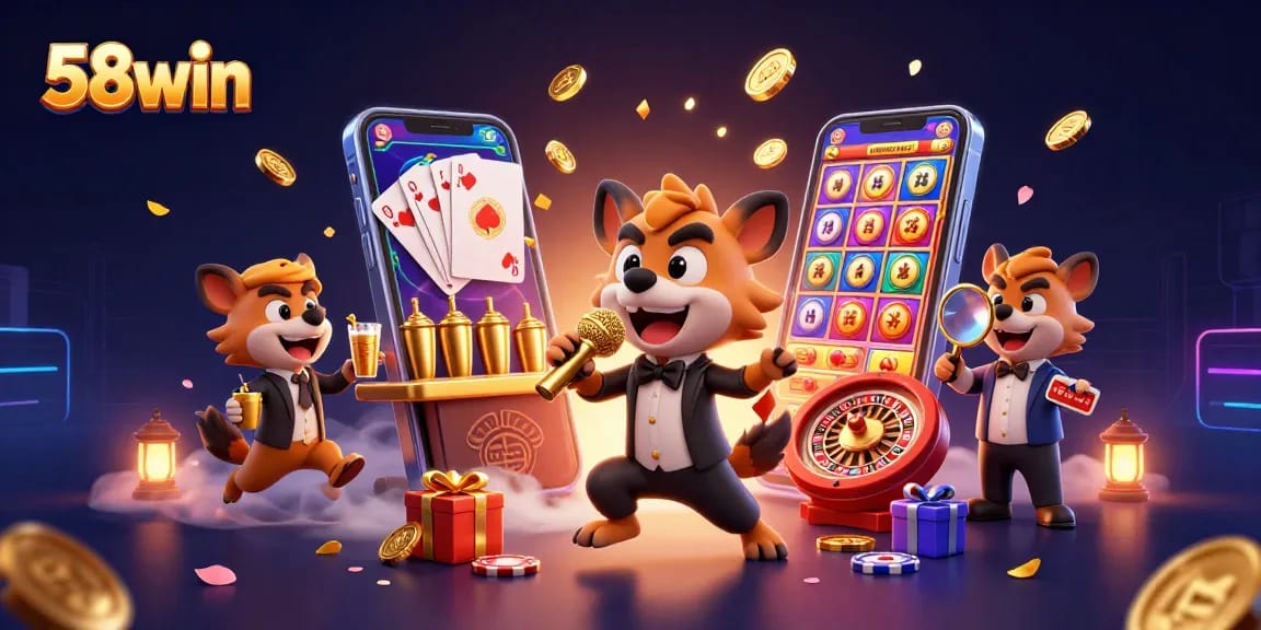 Experience the thrill at 58win's vibrant comedy casino with lively hyena characters!