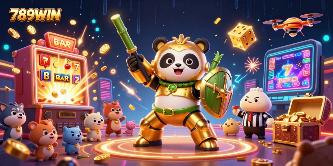Experience thrilling gameplay at 789WIN with dazzling casino scenes featuring exciting slot machines and vibrant characters.
