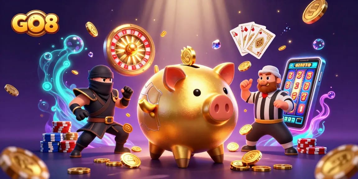Engage with GO8's thrilling experience through animated characters in a dynamic casino scene.