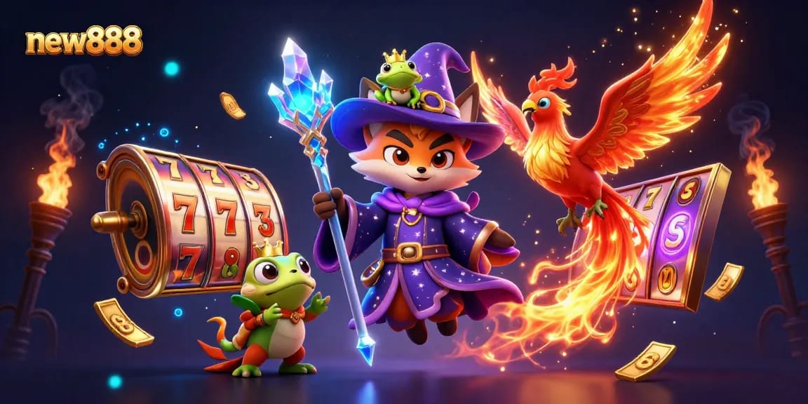Experience the magic of new888 slots with a mystical fox and phoenix in action!