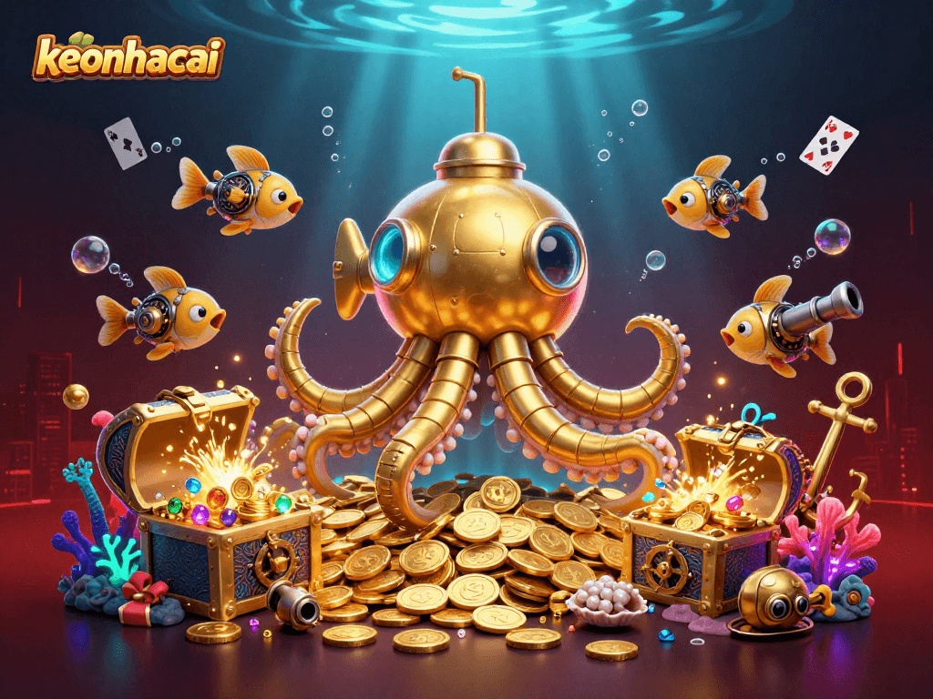 Engage with keonhacai gameplay surrounded by a golden kraken submarine, treasure, and dynamic casino elements.