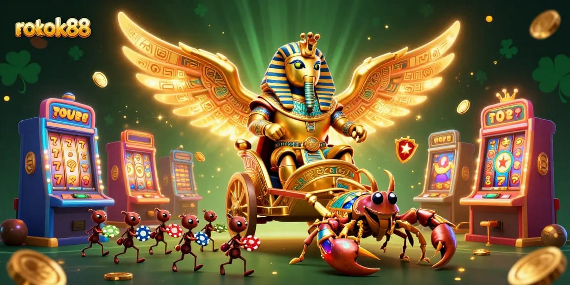 Engage with thrilling slots at rokok88, highlighted by vibrant characters and dynamic gaming elements.