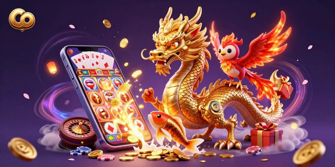 Experience exciting co action with a golden dragon and phoenix amidst slots and coins