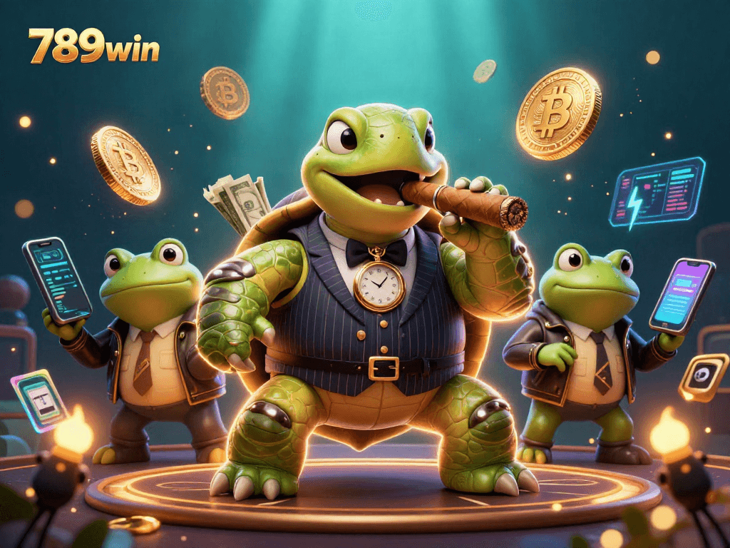 Engage with the vibrant 789win casino world featuring a mobster turtle, crypto coins, and dazzling lights.