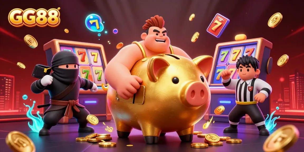 Experience the excitement of GG88 with a dynamic casino scene featuring a golden piggy bank wrestler and gaming elements.