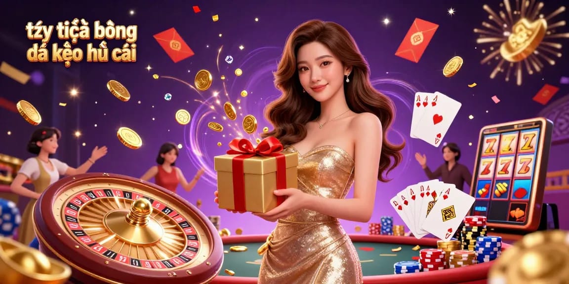 Tỷ lệ bóng đá kèo nhà cái offers dynamic gambling action with golden coins and colorful casino elements.