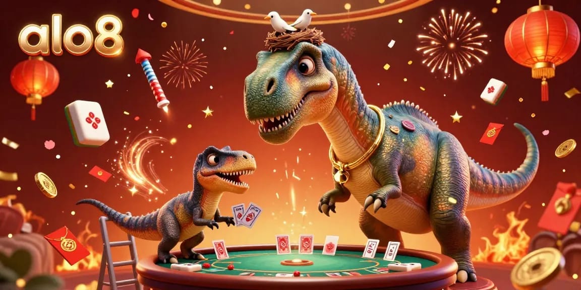 Experience thrilling moments at alo8 with a dynamic casino scene featuring whimsical dinosaurs and festive elements.