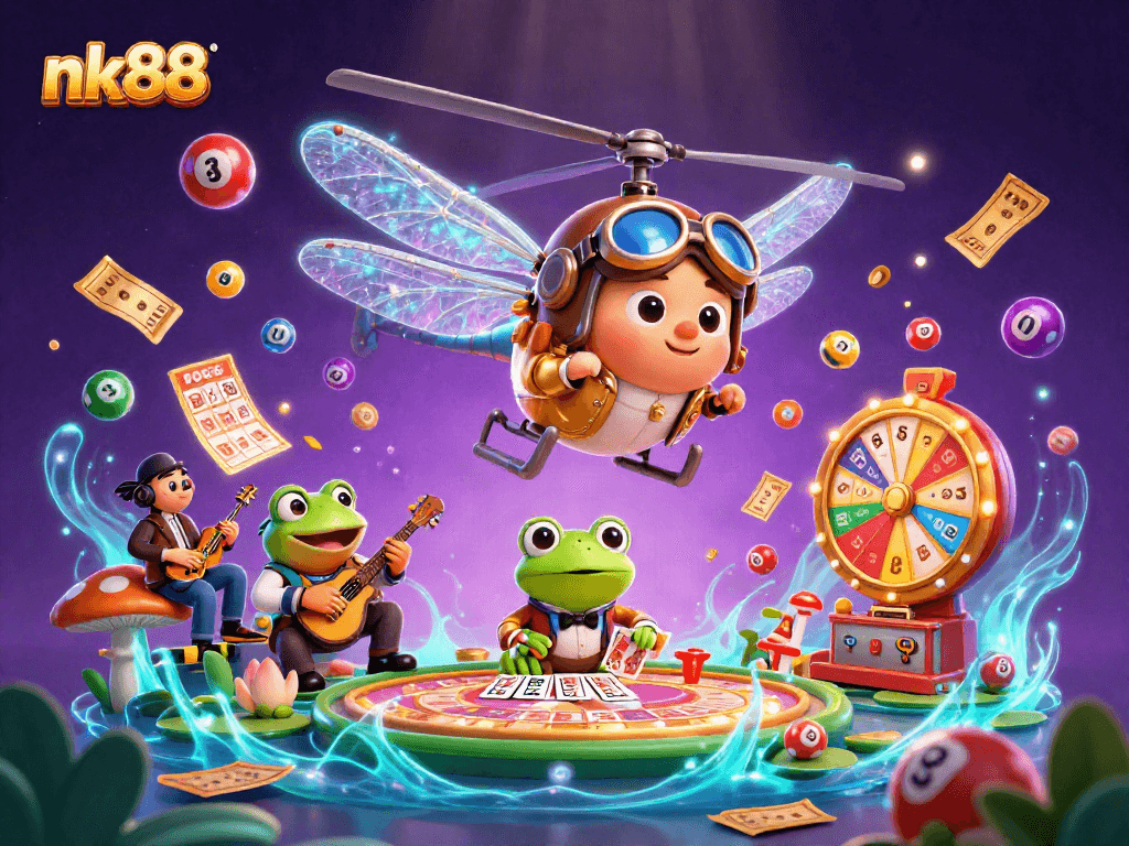 Engage with nk88's lively casino action featuring a dragonfly pilot, frog dealer, and vibrant lottery elements