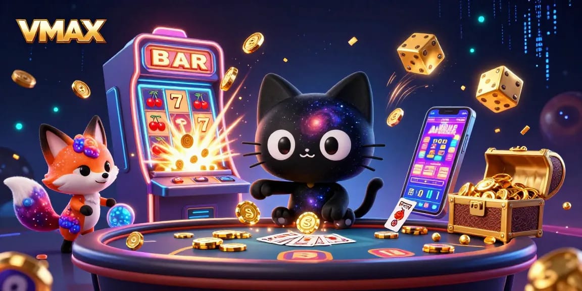 Experience thrilling jackpots and vibrant gameplay with VMAX in this cosmic casino scene.