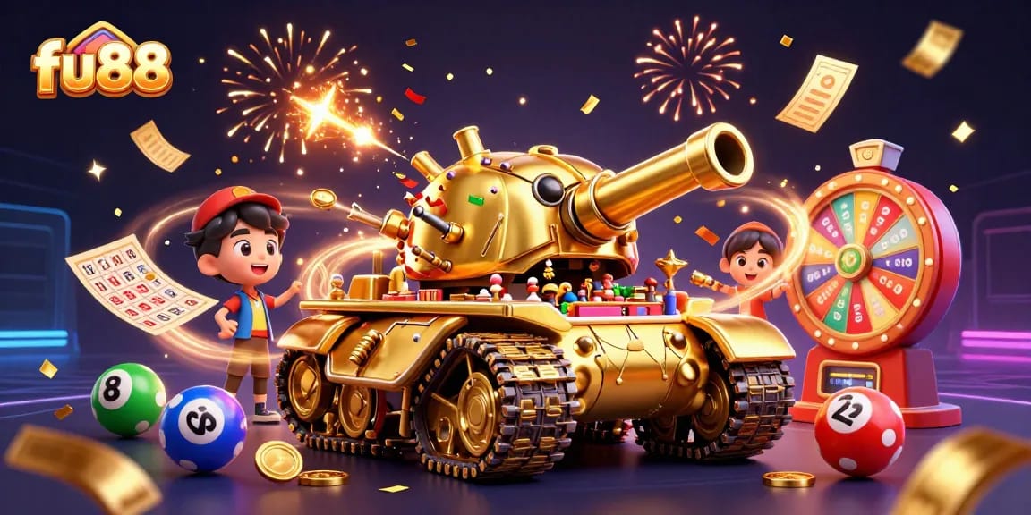 Join fu88's thrilling action with a dynamic casino scene featuring vibrant lottery balls and confetti rain.