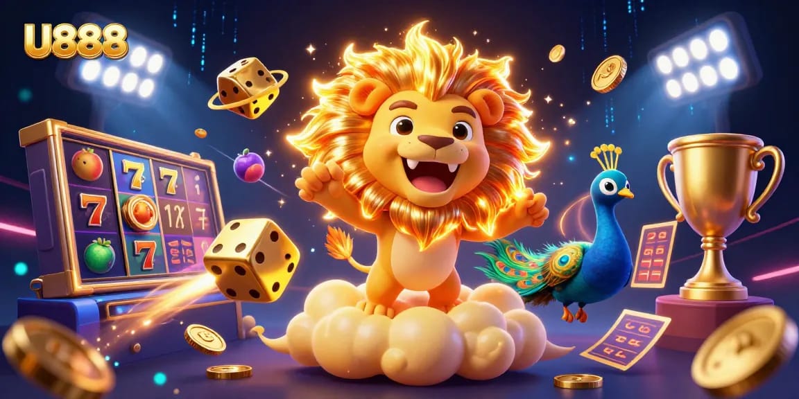 U888 casino illustration showcasing vibrant slot reels and winning symbols in a 3D fantasy scene.