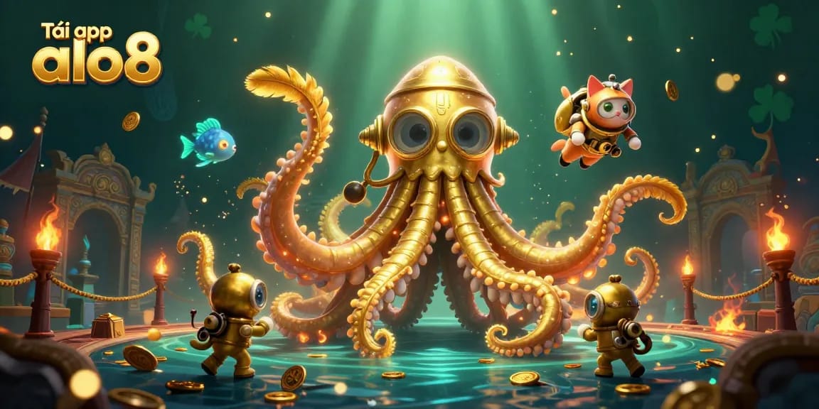 Engage with Tải app alo8 in this vibrant 3D casino scene featuring a kraken, diving cat, and sea fish.