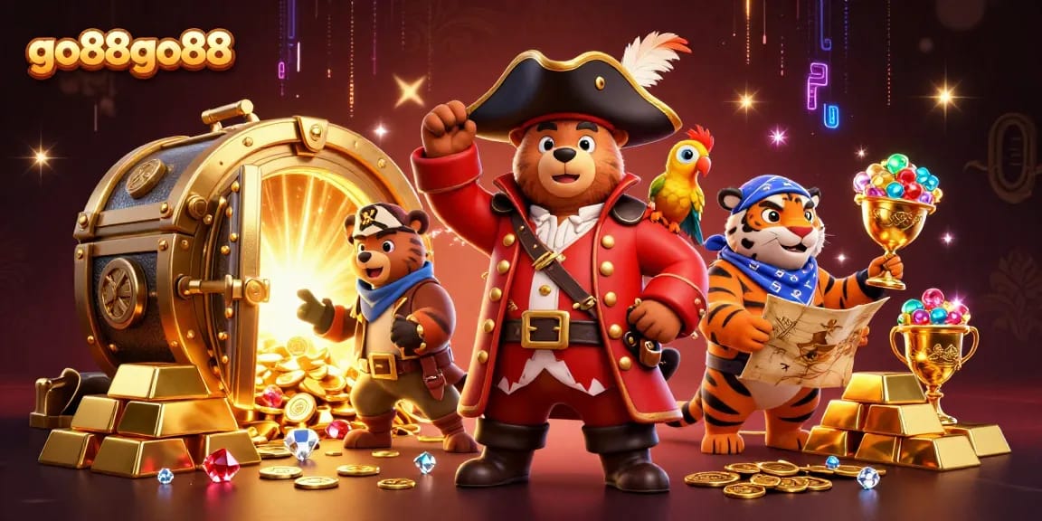 Experience thrilling gameplay at go88go88, featuring bold characters and golden treasures in a lively casino scene.