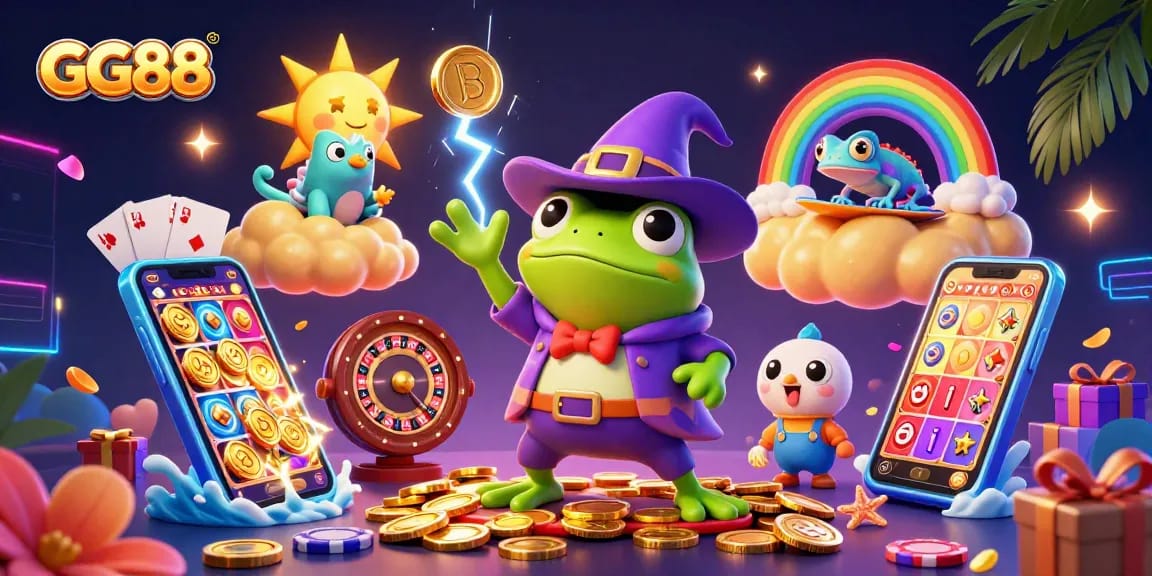 Spin and win at GG88 with vibrant gold coins, slot games, and playful characters in a dynamic scene.