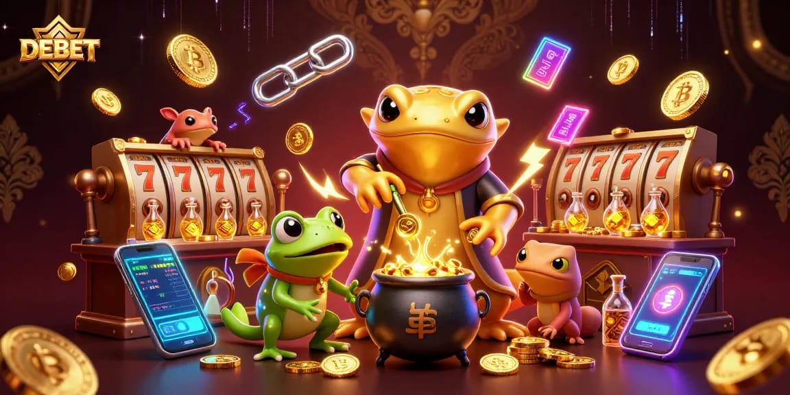 Spin winning jackpots at DEBET's vibrant casino scene with gold and neon elements.