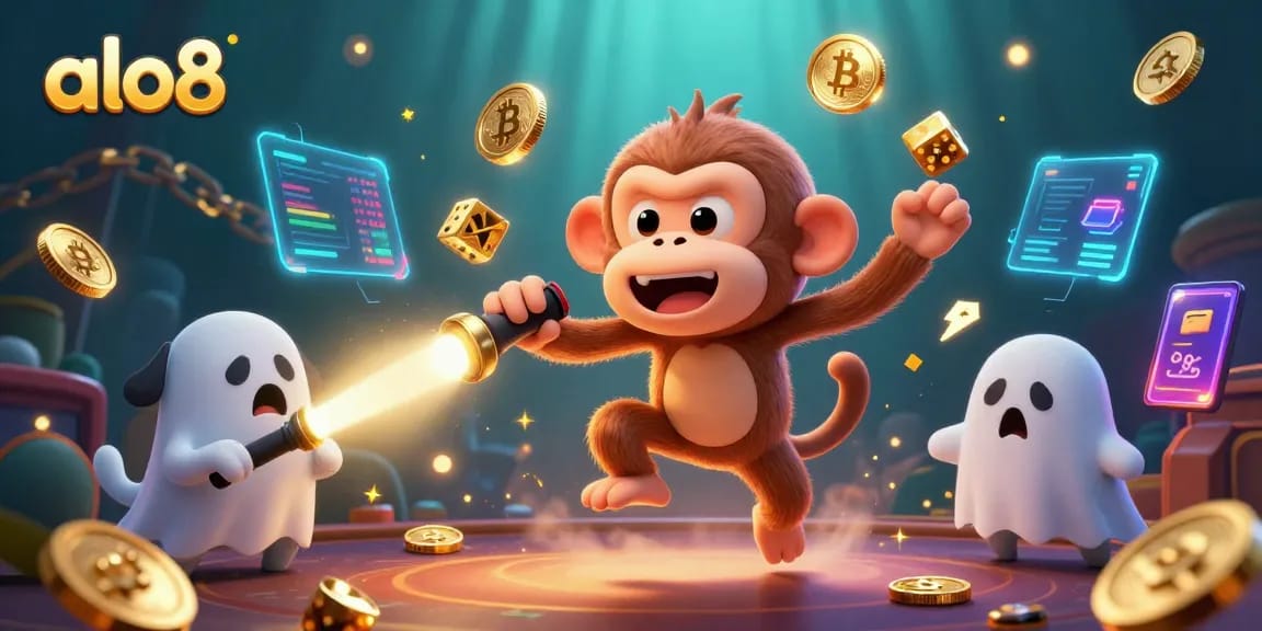 Experience the thrilling world of alo8 as a playful ghost-hunter puppy follows a mischievous monkey in a vibrant casino.