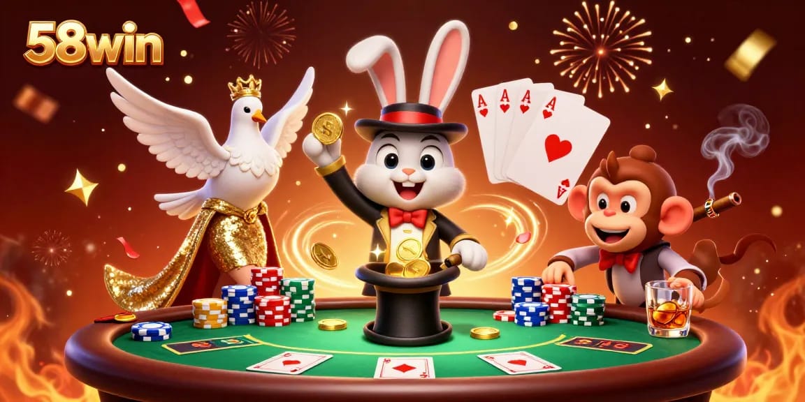 Engage with 58win's vibrant casino scene featuring a magician, dove, and monkey amidst poker chips.
