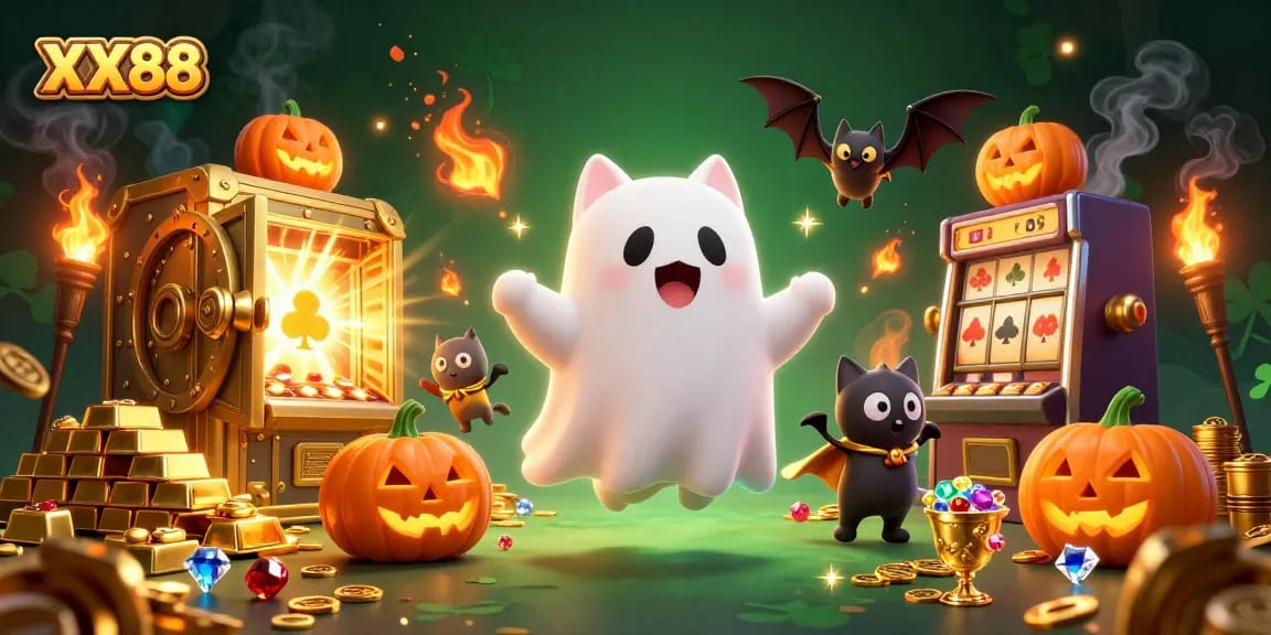 Spin and win at XX88's haunted casino with ghost cat and vampire bat amidst sparkling treasures.