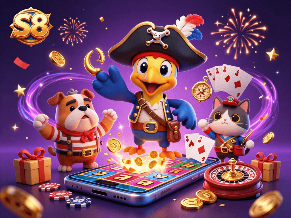 S8 pirates celebrate big wins with colorful slot games and gold coins in this vibrant 3D illustration.