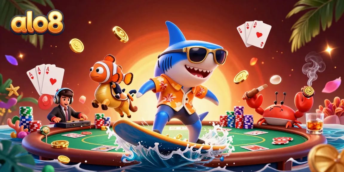 Play exciting games at alo8 with a vibrant scene of a shark, clownfish, and crab DJing.
