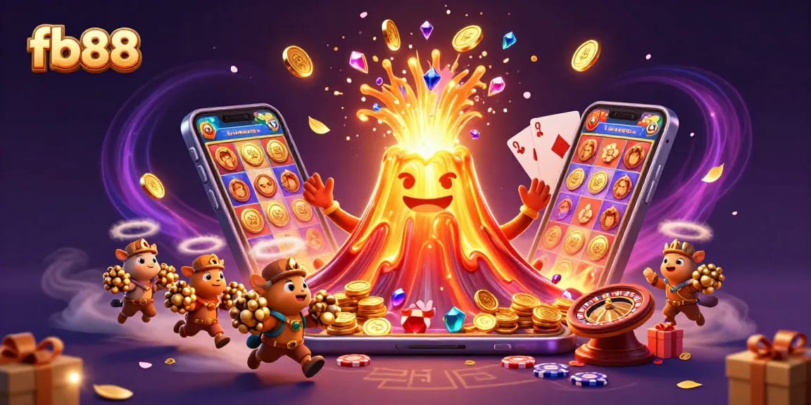 Experience the excitement of fb88 with a golden volcano erupting treasure in this dynamic illustration.
