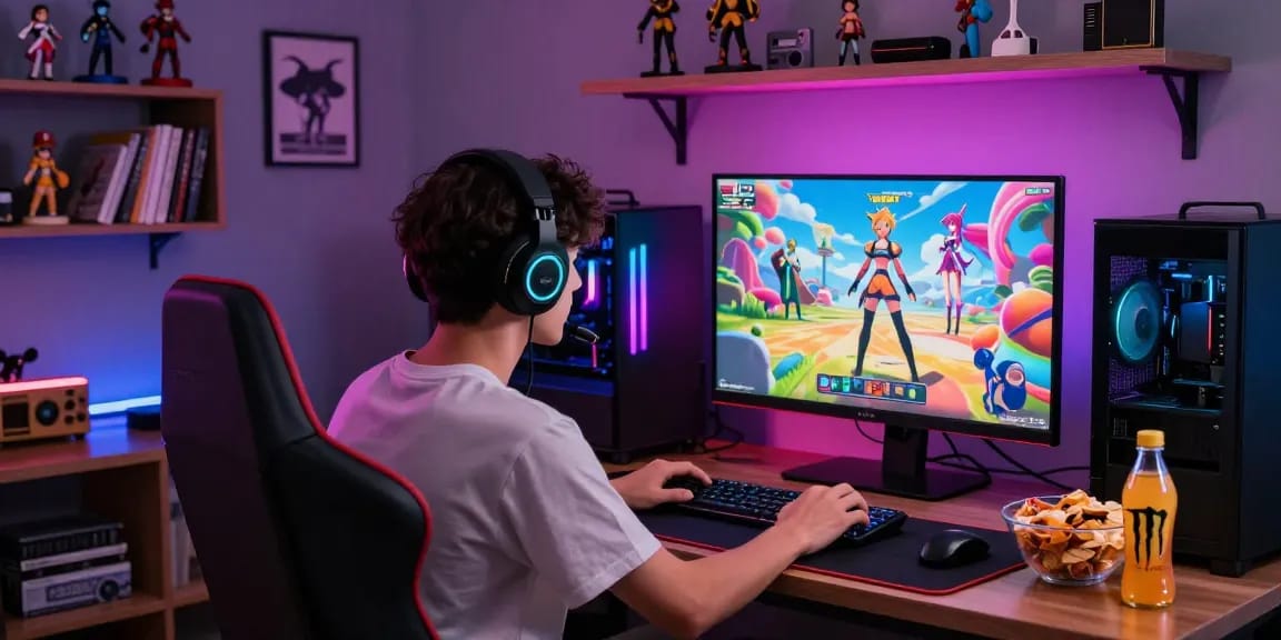 Immersed player enjoying a vibrant hentai game on a high-end gaming PC.