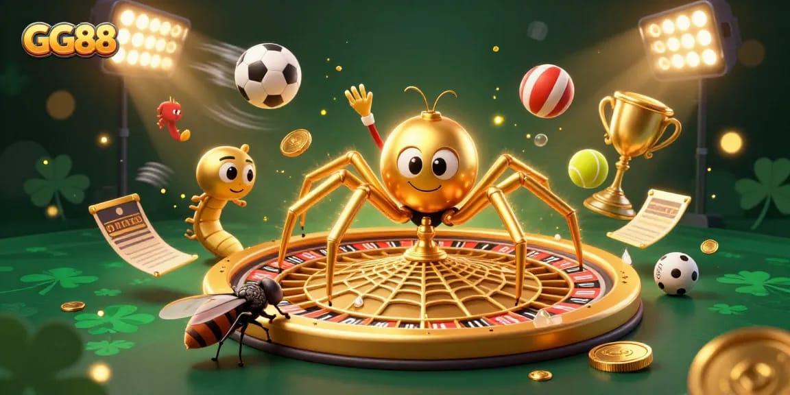 GG88 players spin the golden roulette web while betting nervously in a vibrant casino.