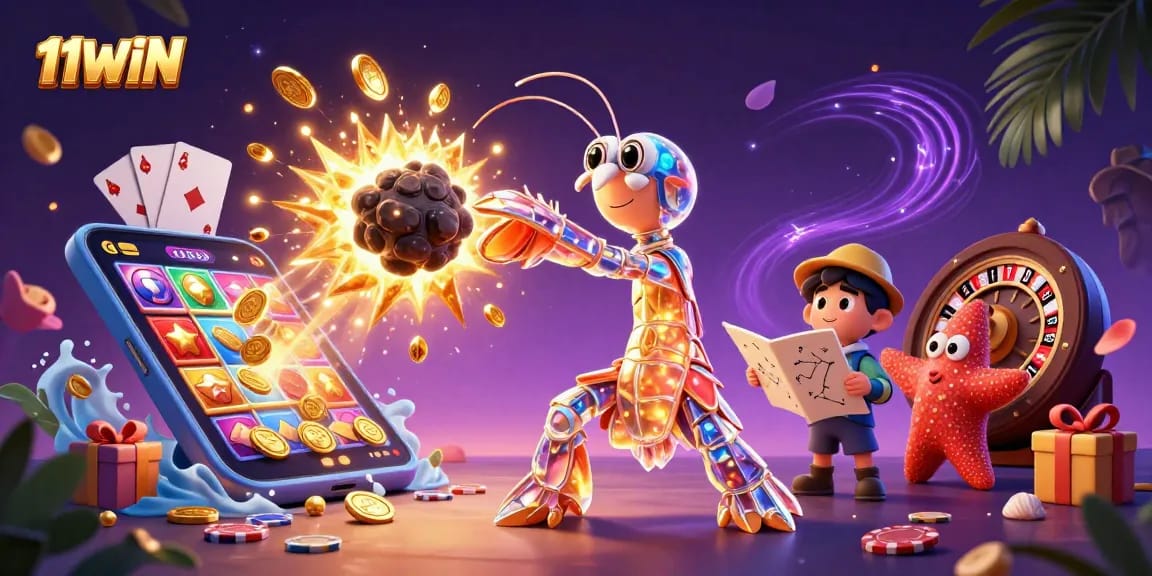 Experience thrilling wins with 11WIN, featuring animated casino games, vibrant colors, and dynamic characters.