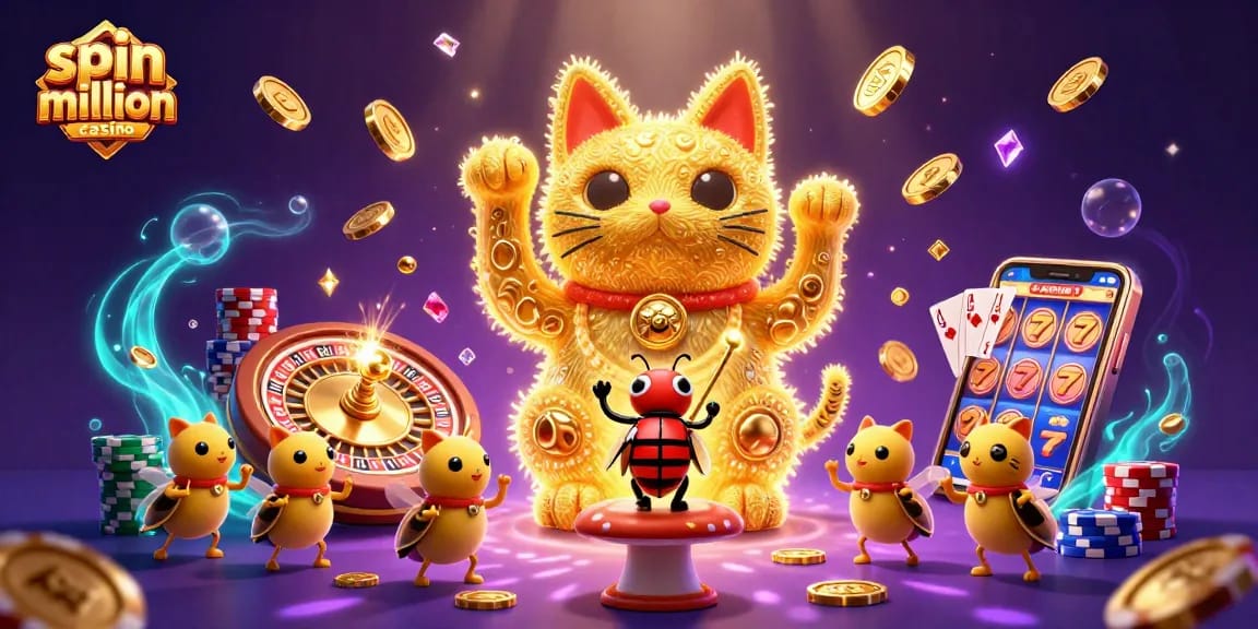 Engage with spin million casino featuring golden fireflies, a lucky cat, and dynamic casino elements.