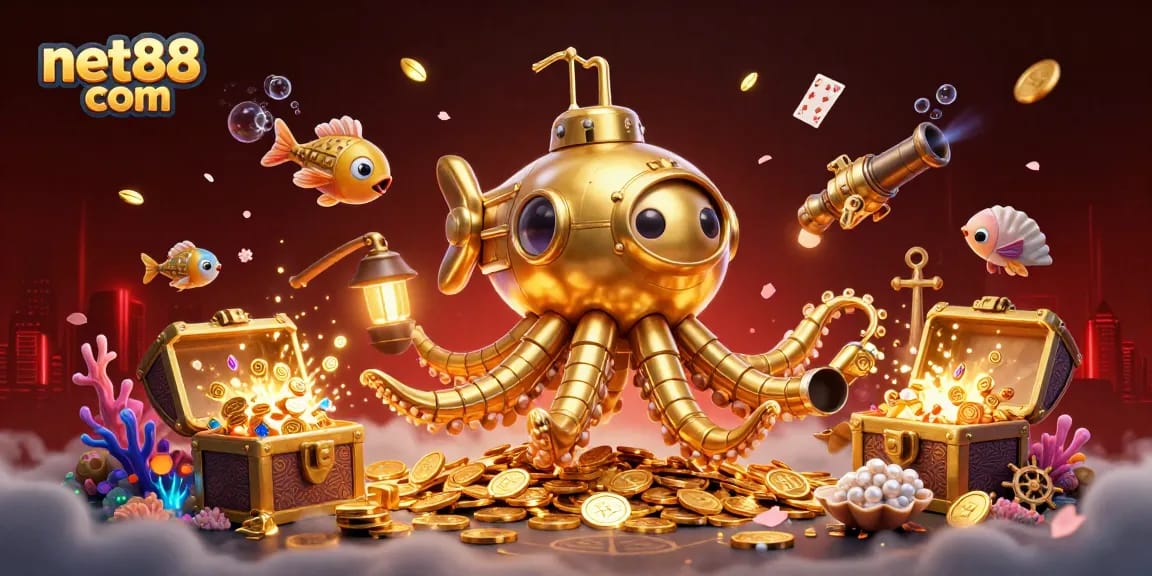Engage in thrilling gameplay at net88 com as the golden kraken submarine surfaces in a treasure-laden sea.