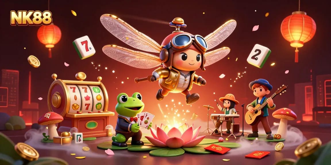 Engage with NK88's vibrant gaming scene as the dragonfly pilot and frog croupier bring excitement.