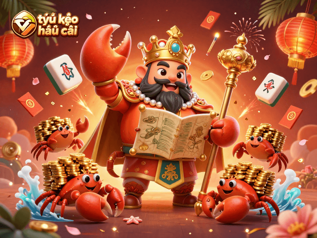 Bet on tỷ lệ kèo nhà cái with an ornate crab emperor amid rich gambling elements.
