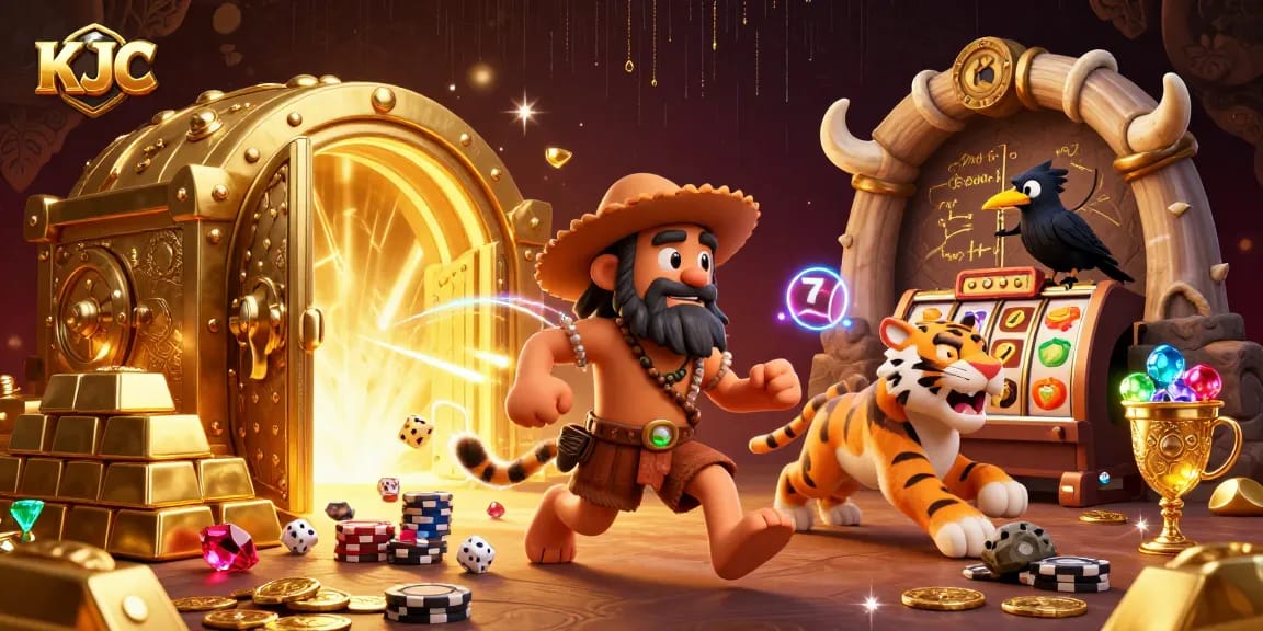 KJC casino scene with caveman duo playing slots, showcasing vibrant treasures and dynamic gambling action.