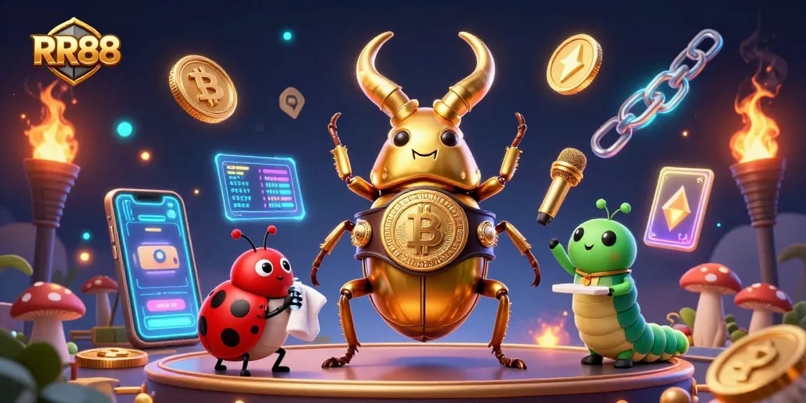 Engage with the energetic RR88 casino scene showcasing a giant golden stag beetle boxing, marveling at crypto-themed elements.
